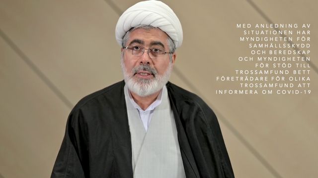 Imam Mohsen Hakimollahi medverkade i Myndigheten för stöd till trossamfunds informationsfilmer under pandemin. Han pekades senare ut av Säpo och utvisades. Foto: Skärmdump via SST/YouTube