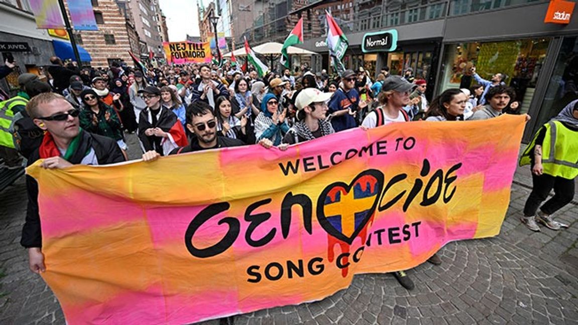 Demonstration mot Israels medverkan i Eurovision i Malmö den 11 maj. Bild: Johan Nilsson/TT