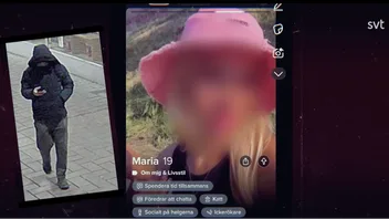 Övervakningsbild på en av männen som misstänks ligga bakom rånen, tillsammans med den dejtingprofil som ska ha använts för att lura offren till Vårby. Foto: Skärmdumpar via SVT