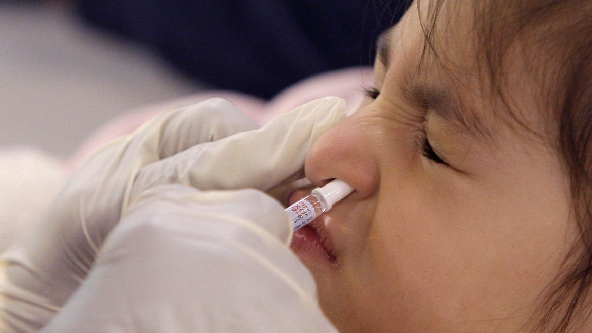 En ung flicka vaccineras mot svininfluensan med en nässpray. I framtiden kan enligt ny forskning antikroppar mot covid eventuellt ges som nässpray. Foto: Darron Cummings/AP/TT