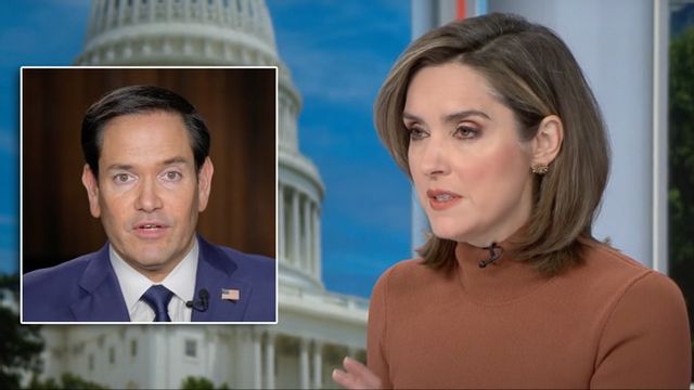Margaret Brennan, till höger, är i blåsväder för uttalanden om Förintelsen i en intervju med Marco Rubio. Foto: CBS News/Marco Rubio
