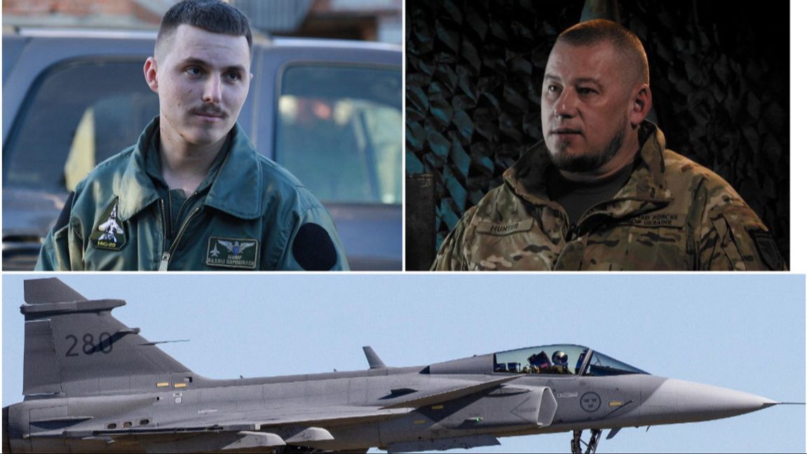 Fotokollage: från vänster stridspiloten Vadym ”Karaya” Vorosjylov, Presidentadministrationens ställföreträdare chef, general Pavlo Palisa och nertill JAS-39C Gripen 39280 landar under en övning inför en uppvisning i Uppsala i april 2026. Foto: armyinform.com.ua, WikiEdvard / Wikimediacommons