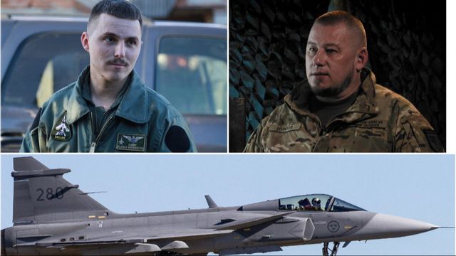 Fotokollage: från vänster stridspiloten Vadym ”Karaya” Vorosjylov, Presidentadministrationens ställföreträdare chef, general Pavlo Palisa och nertill JAS-39C Gripen 39280 landar under en övning inför en uppvisning i Uppsala i april 2026. Foto: armyinform.com.ua, WikiEdvard / Wikimediacommons