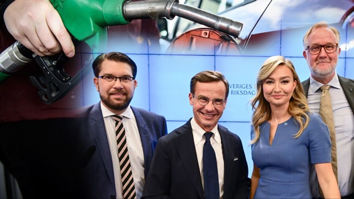 Glatt gäng. Jimmie Åkesson, Ulf Kristersson, Ebba Busch och Johan Pehrson kan efter nyår få anledning att korka upp champagnen – och tanka bilen en extra gång – om oljepriset fortsätter att hålla i sig. Foto: Jonas Ekströmer/Erik Simander/TT