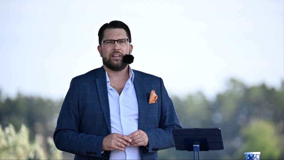 Jimmie Åkesson höll sommartal på hemmaplan i Sölvesborg. Foto: Johan Nilsson/TT