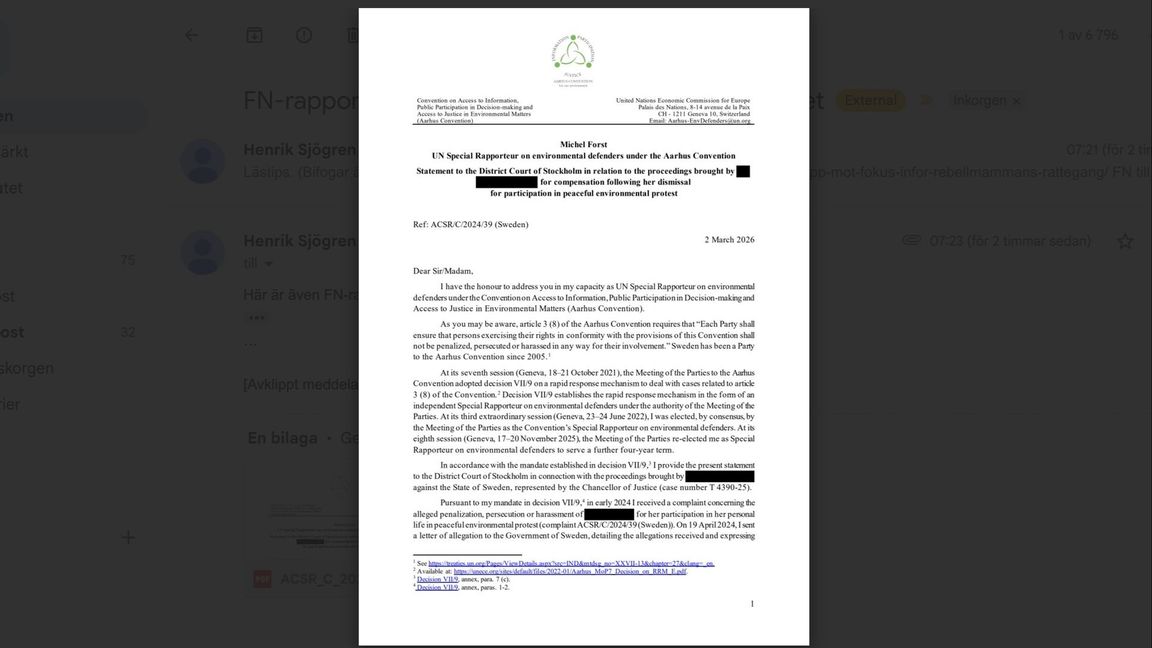 FN-rapportören Michael Forsts skrivelse till Stockholms tingsrätt