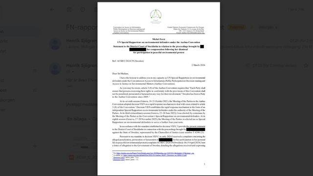 FN-rapportören Michael Forsts skrivelse till Stockholms tingsrätt
