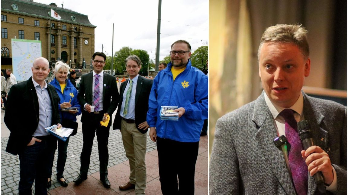 Björn Söder, Jimmie Åkesson, Patrik Ehn och Mikael Jansson delade ut flygblad 2012. Arvid Hallén på bilden bredvid. Foto: Faksimil, Jimmie Åkesson/Facebook/Faksimil, Oikos/Facebook