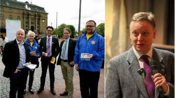 Björn Söder, Jimmie Åkesson, Patrik Ehn och Mikael Jansson delade ut flygblad 2012. Arvid Hallén på bilden bredvid. Foto: Faksimil, Jimmie Åkesson/Facebook/Faksimil, Oikos/Facebook