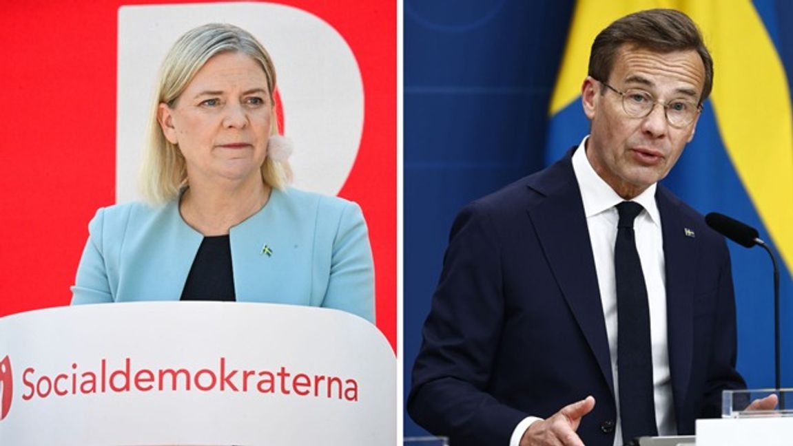 Socialdemokraternas partiledare Magdalena Andersson och Moderaternas partiledare Ulf Kristersson. Båda partierna tappar i senaste väljarbarometern. Foto: Christine Olsson/TT/Stefan Jerrevång/TT.
