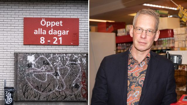 Arkivbild av en skylt utanför en matvarubutik i Stockholm, samt Pär Bygdeson, vd för Livsmedelshandlarna. Foto: Magnus Hjalmarson Neideman/TT/Livsmedelshandlarna.