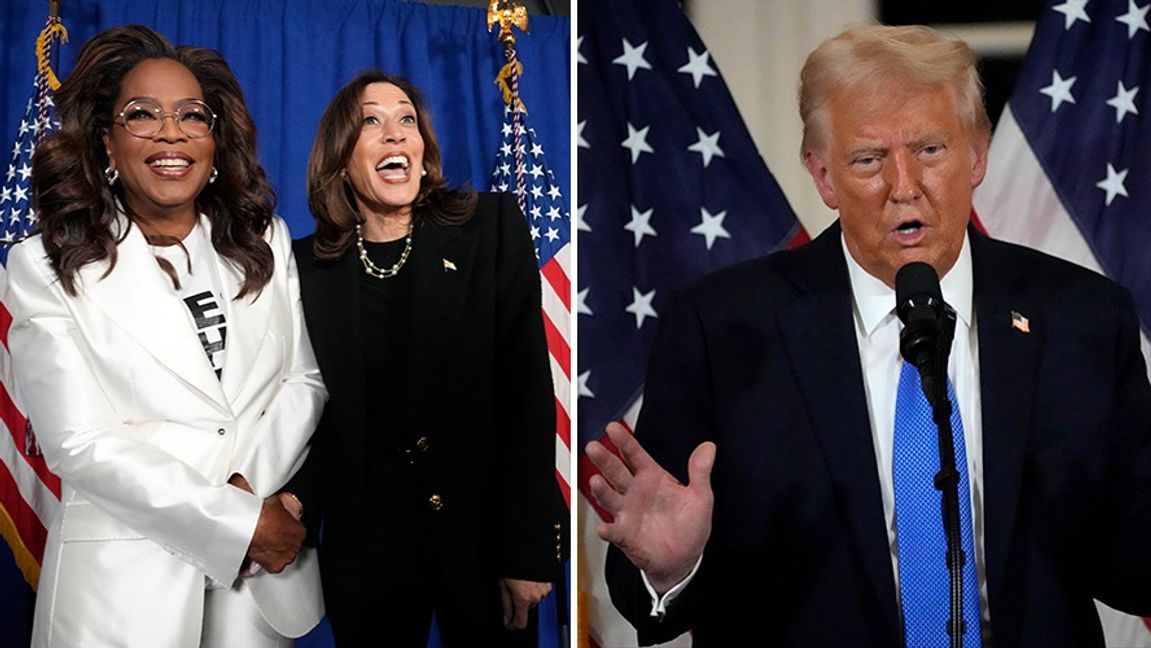Till vänster: Oprah Winfrey och Kamala Harris vid ett kampanjevenemang i Philadelphia i november. Foto: Jacquelyn Martin/Ben Curtis/AP/TT