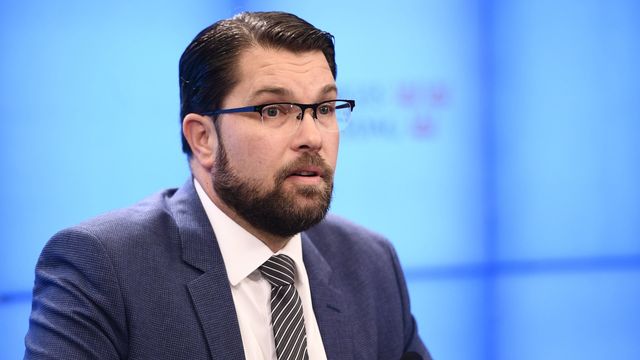 Sverigedemokraternas partiledare Jimmie Åkesson (SD) håller en pressträff. Foto: Tim Aro/TT 