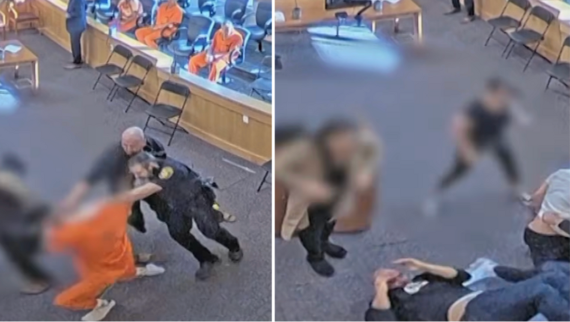 Bilder från övervakningskameran som fångade kaoset som bröt ut i en rättssal i Albuquerque, New Mexiko. Foto: KRQE/YouTube