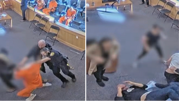 Bilder från övervakningskameran som fångade kaoset som bröt ut i en rättssal i Albuquerque, New Mexiko. Foto: KRQE/YouTube