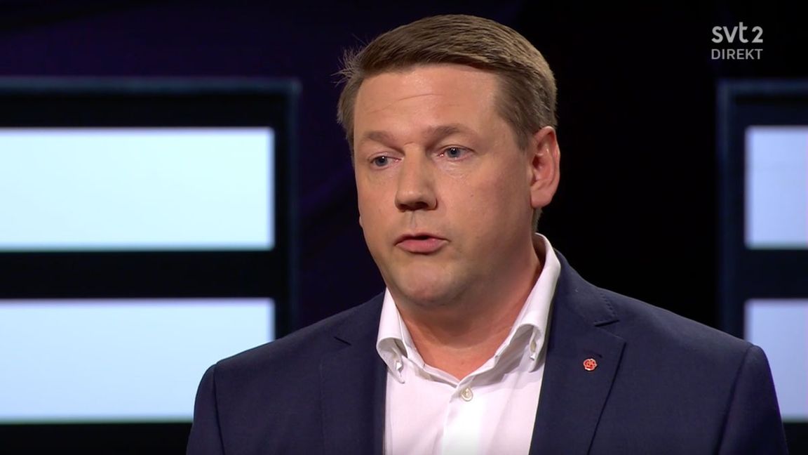 Tobias Baudin, partisekreterare för Socialdemokraterna, deltog i söndagens SVT Agenda. Foto: SVT