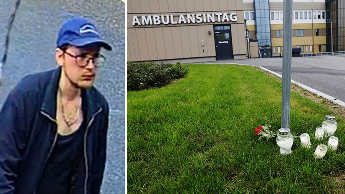 Liam Hast, 26, samt blommor och ljus utanför ambulansstationen i Hudiksvall, dagen efter mordet i Harmånger i Nordanstigs kommun den 20 september. Foto: Polisen/Mats Andersson/TT