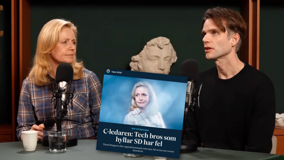 Bild från Kvartals uppmärksammade intervju med Elisabeth Thand Ringqvist (C) och tech-entreprenören Fredrik Hjelm. Foto: Skärmdump via SvD/Kvartal/YouTube