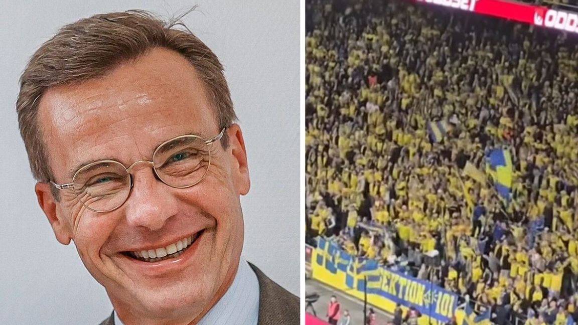 Statsminister Ulf Kristersson (M) och jubel på Friends Arena när Sverige säkrade VM-platsen. Foto: Palácio do Planalto/CC BY 2.0/Skärmavbild/YouTube