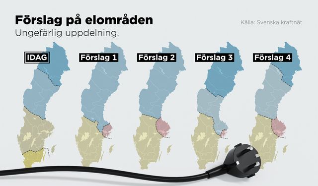 Kartan längst till vänster visar uppdelningen i dag och kartorna till höger olika alternativ på ny uppdelning från Svenska Kraftnät. Foto: Anders Humlebo/TT