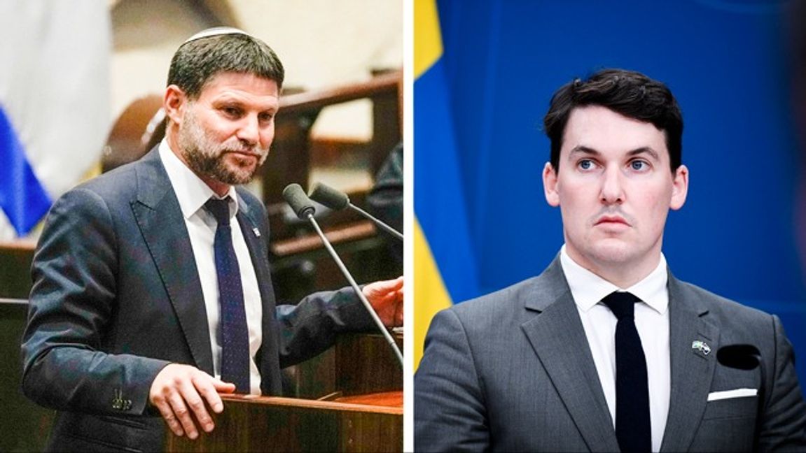 Liberalernas utrikespolitiske talesperson Joar Forssell, till höger, vill införa sanktioner mot israeliske finansministern Bezalel Smotrich. Foto: Jakob Åkersten Brodén/TT/AP