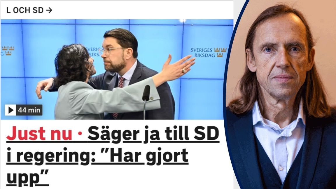Simona Mohamsson och Jimmie Åkesson, Liberalerna och Sverigedemokraterna, omfamnar varandra. Foto: Skärmavbild från svt.se