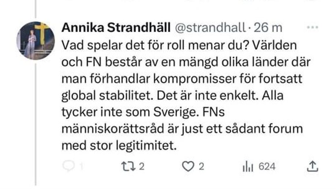 Annika Strandhäll bemöter kritiken att det är mestadels skurkstater som är med i Människorättsrådet. Foto: Twitter