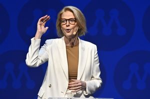 Vice partiordförande och finansminister Elisabeth Svantesson (M) talar på Moderaternas arbetsstämma i Västerås. Foto: Christine Olsson/TT