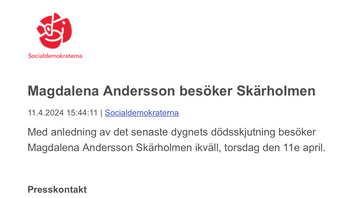 Andersson skickade en massinbjudning till platsen där Skärholmen sörjde. Foto: Skärmdump