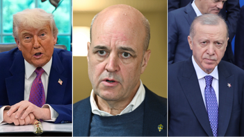Tidigare statsminister och M-ledare Fredrik Reinfeldt drar paralleller mellan presidenterna Donald Trump och Recep Tayyin Erdogan. Foto: Alex Brandon/ Claudio Bresciani/Vlasov Sulaj/AP/TT