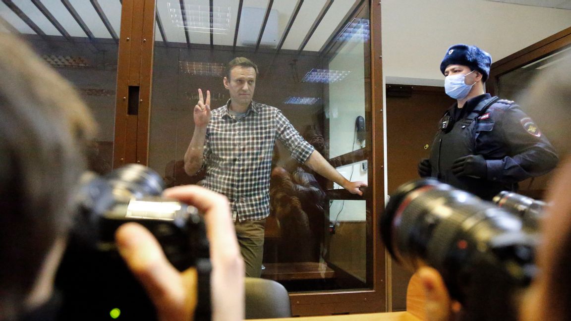 Den ryske oppositionsledaren Aleksej Navalnyj i rätten på lördagen. Foto: Alexander Zemlianichenko/AP/TT.