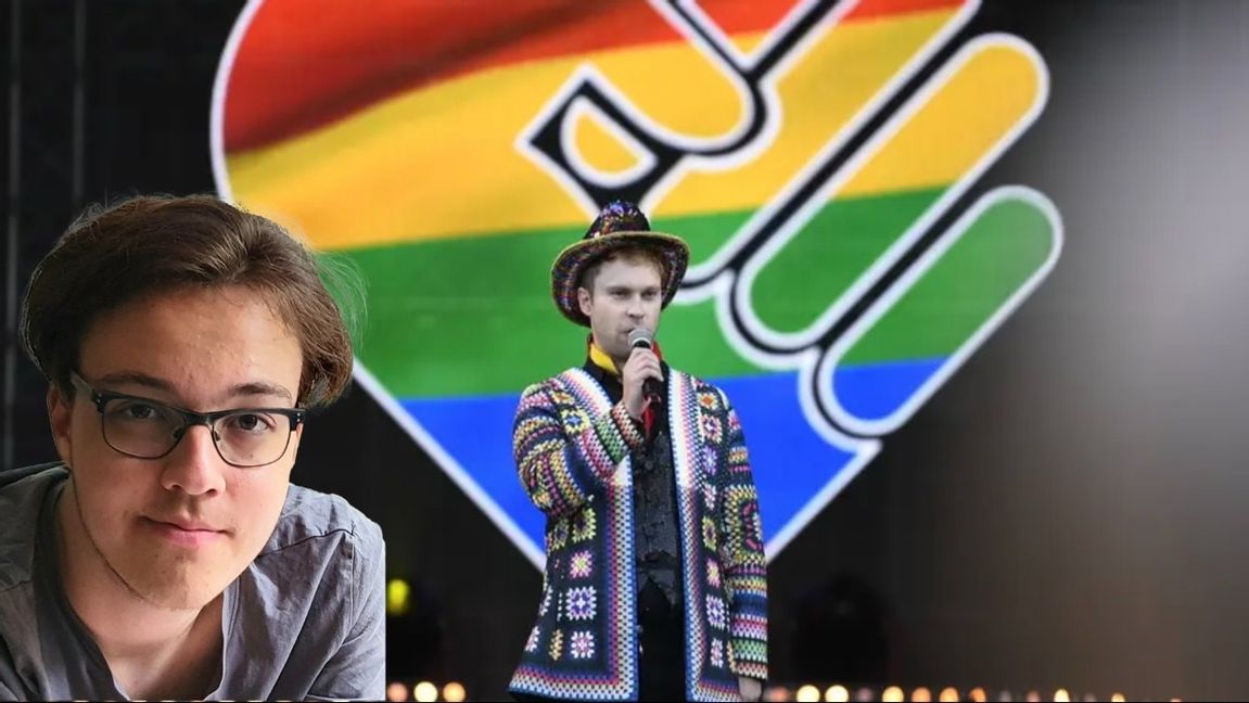 Michal Budryk talar på invigningen av Pride Stockholm. Foto: Oscar Olsson/TT, inklippt: debattören Maurits Rannevid Foto: Privat