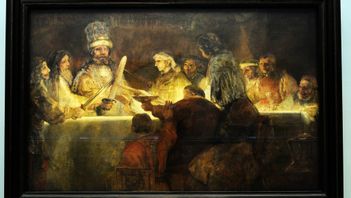 Målningen ”Batavernas trohetsed till Claudius Civilis”, av Rembrandt Harmensz van Rijn. Arkivbild. Foto: JUREK HOLZER/SVD/TT