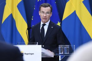 Statsministern Ulf Kristersson (M) under pressträff med anledning av valet i USA. Jakob Åkersten Brodén/TT