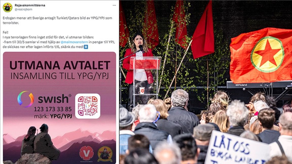 Västerpartiet vill samla in pengar till YPG som anses stå PKK nära, vars flaggor gärna vajar vid V:s demonstrationer, som här vid Nooshi Dadgostars förstamajtal. Foto: Skärmdump Twitter / Johan Nilsson/TT
