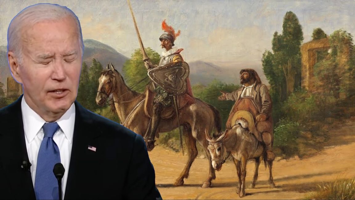 Skärmdump från debatten Trump-Biden, ”Don Quijote”, målning av Wilhelm Marstrand 1847