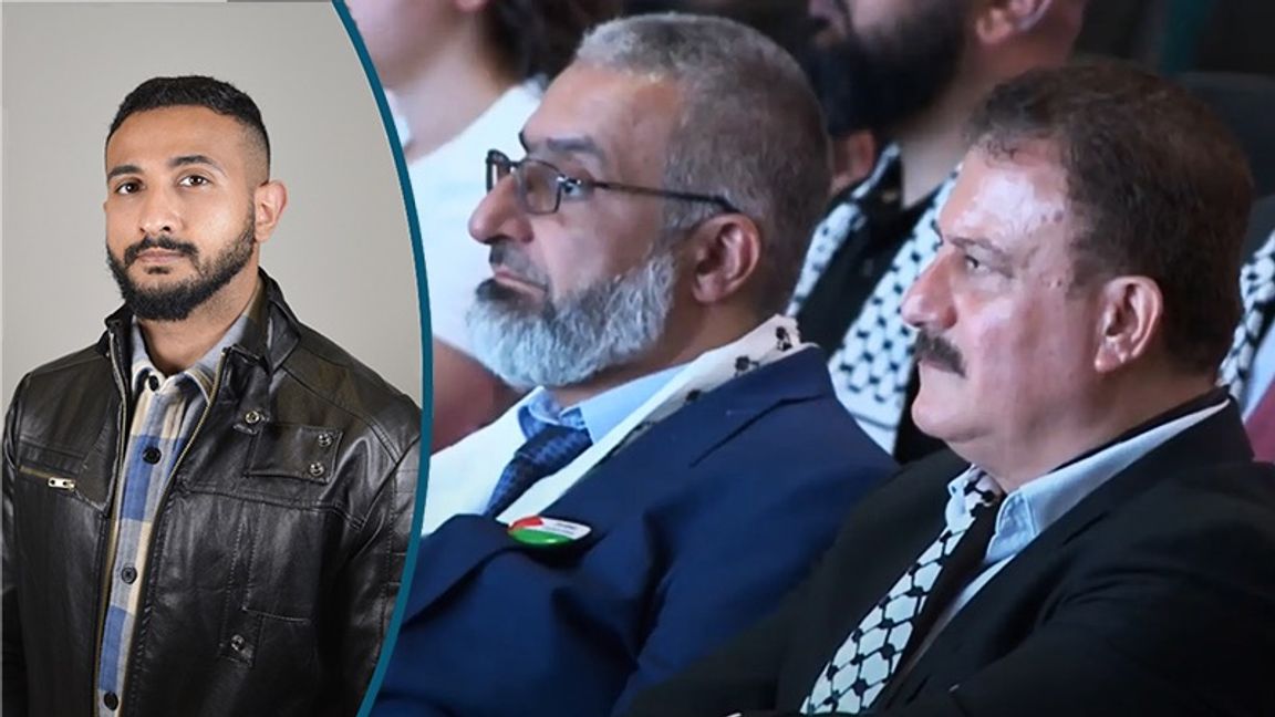 Konferensens ordförande Amin Abu Rashed som uppges vara en Hamas-ledare, och bredvid till höger i bild och på hedersplats, socialdemokratiska riksdagsledamoten Jamal El-Haj. Foto: Timmy Augustsson / Skärmavbild Facebook