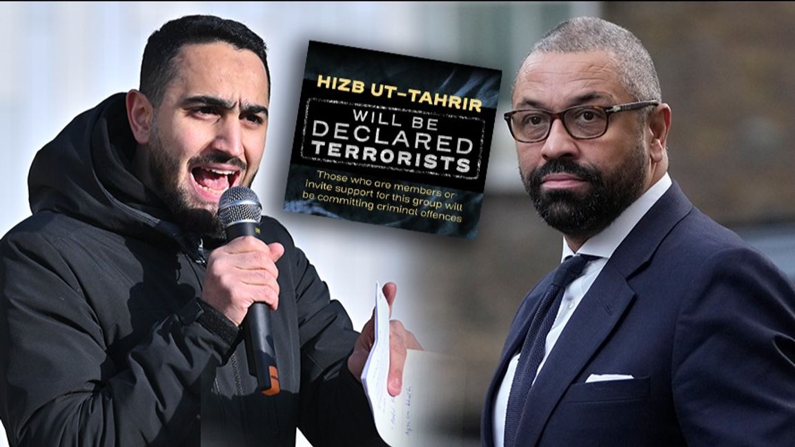 Till vänster: talare från Hizb ut-Tahrir på Odenplan. Till höger: Storbritanniens inrikesminister James Cleverly. Foto: Kin Cheung/AP/TT/X