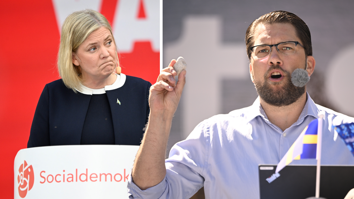 Jimmie Åkesson och stenarna han anser att Magdalena Andersson inte vänt på. Foto: Henrik Montgomery/TT