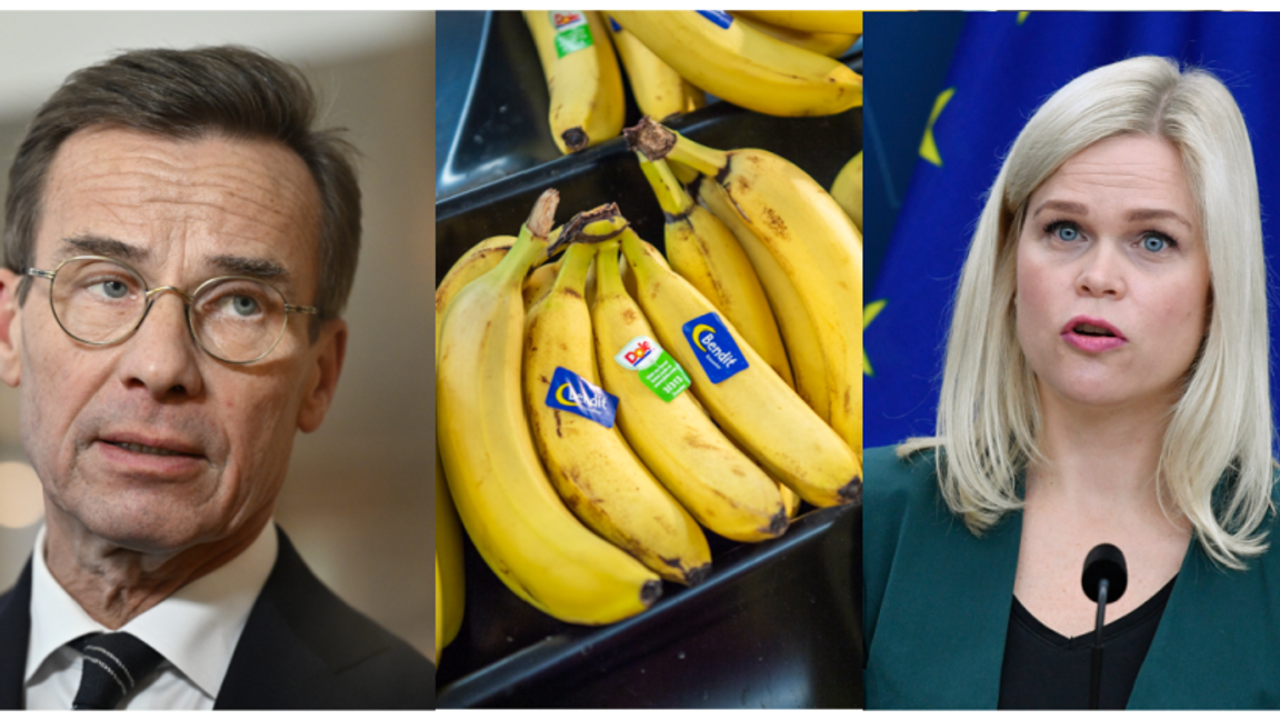 Statsminister Ulf Kristersson (M) försvarar jämställdhetsminister Paulina Brandberg (L) efter uppståndelsen kring hennes bananfobi. Bilden är ett montage. Foto: Henrik Montgomery/Jakob Åkersten Brodén/TT/Pexels