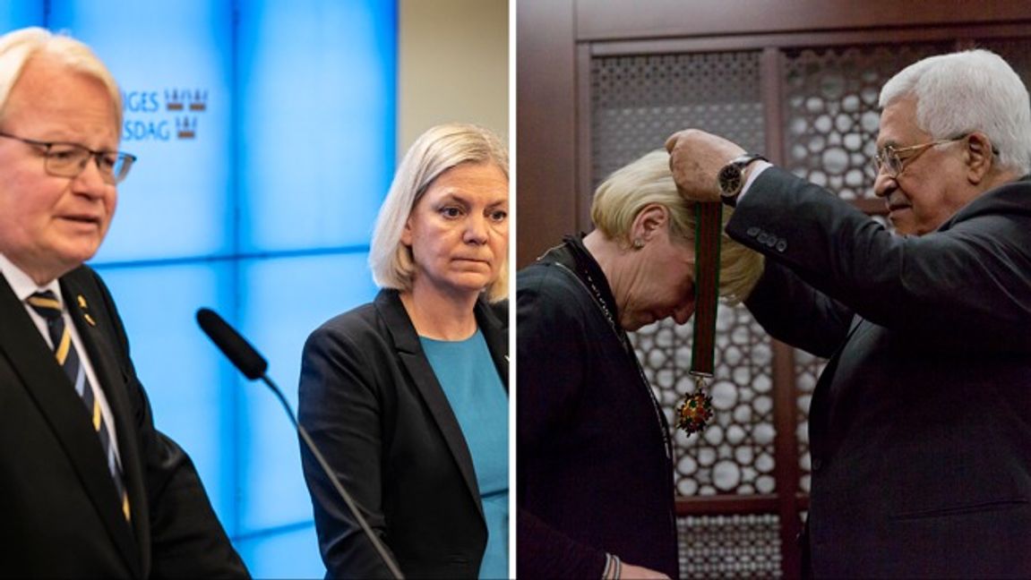 Peter Hultqvist, till vänster, och Margot Wallström andra från höger, har båda tagit emot utmärkelse av Mahmoud Abbas, den palestinske presidenten. Foto: AP/Anders Wiklund/TT