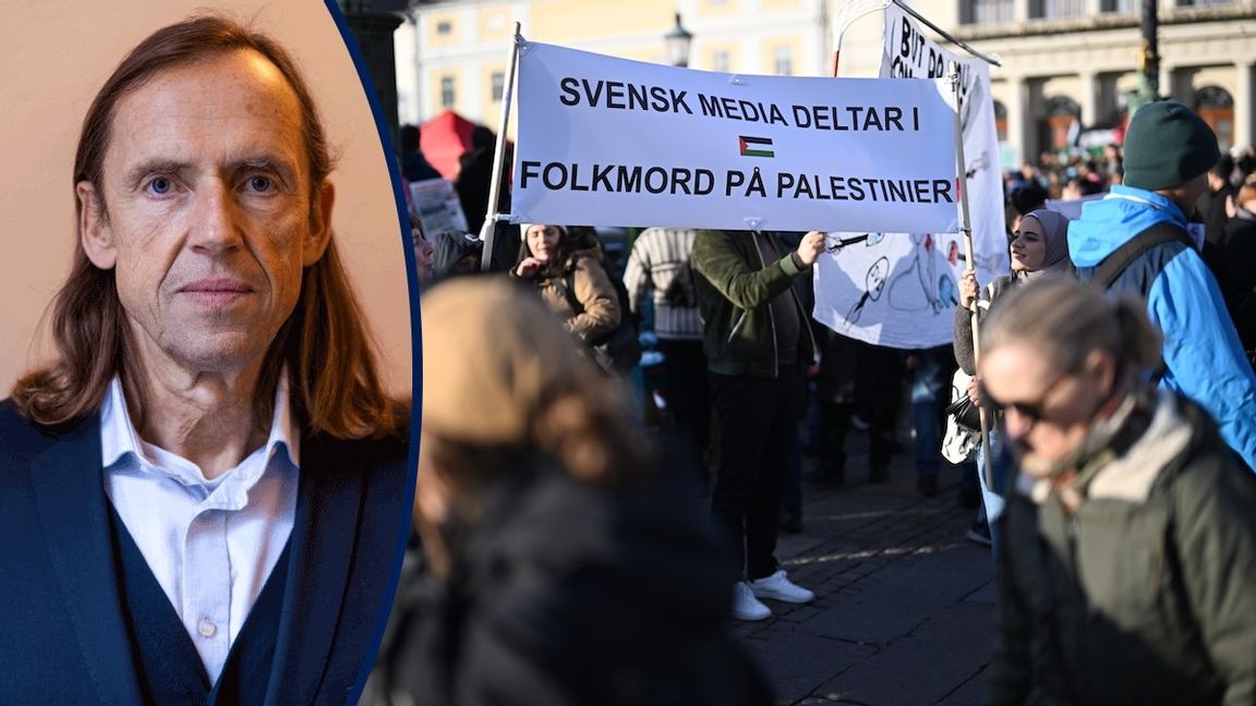 Vid en propalestinsk demonstration i Göteborg anklagas svenska medier för att vara delaktiga i folkmord på palestinier. Foto: Björn Larsson Rosvall/TT