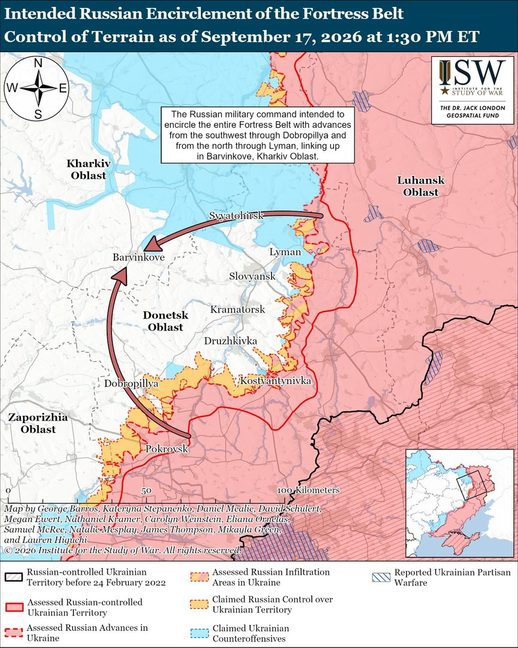 Övergripande frontläge med Rysslands långsiktiga plan att omringa de strategisk viktiga städerna Kramatorsk och Slovjansk. Lägeskarta: ISW