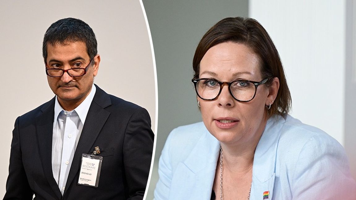 Sameh Egyptson kritiserar Maria Malmer Stenergard och regeringens utrikespolitik avseende Mellanöstern. Foto: Anders Wiklund/Magnus Lejhall/TT