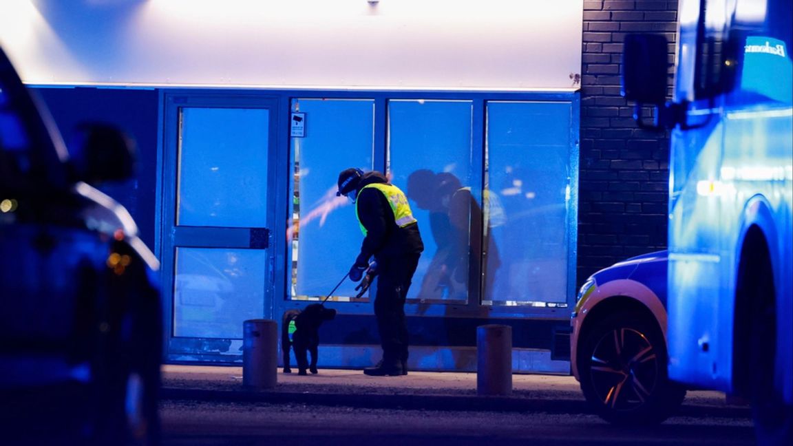 Polis med hund söker på platsen efter mordet. Foto: Christine Olsson/TT