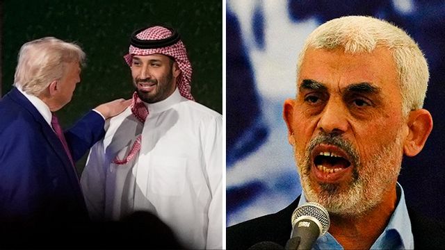 Den eliminerade Hamasledaren Yahya Sinwar till höger. Saudiarabiens ledare kronprins Mohammed Bin Salman tillsammans med Donald Trump till vänster. Foto: AP