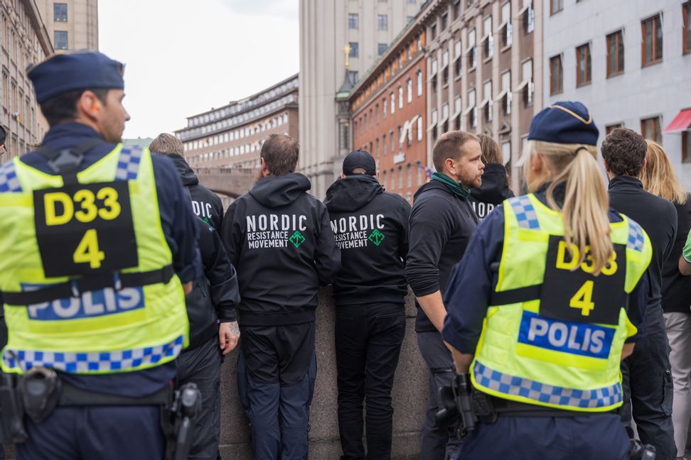 Nordiska motståndsrörelsen (NMR) vid Prideparaden i Stockholm 2024. Foto: Caisa Rasmussen/TT