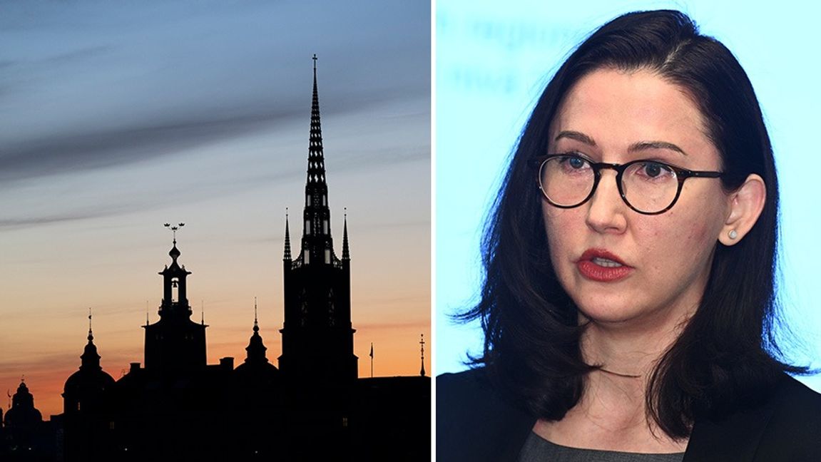 Stadssiluett över Stockholm och Aida Hadžialić (S), regionstyrelsens ordförande i region Stockholm. Foto: Henrik Montgomery/Claudio Bresciani/TT