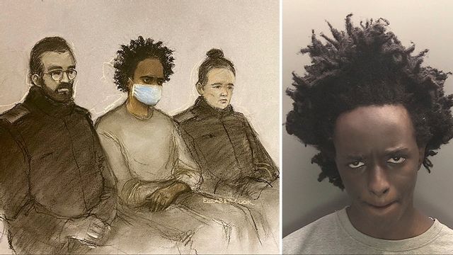 Axel Rudakubana, 18. Till vänster: teckning från måndagens rättegång. Foto: Elizabeth Cook/AP