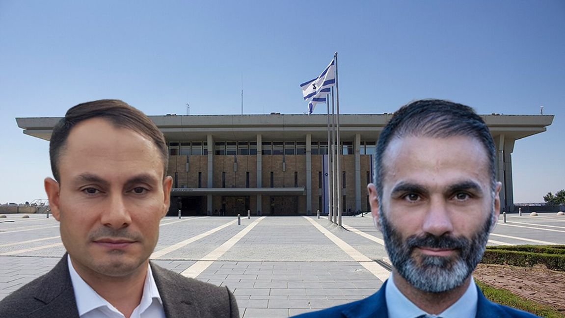 Bilden är ett Montage. Från vänster: Mikail Yüksel och Daniel Mahouk från Partiet Nyans. I bakgrunden: det israeliska parlamentet Knesset. Foto: Pressbilder Partiet Nyans/Clema12/CC BY-SA 4.0